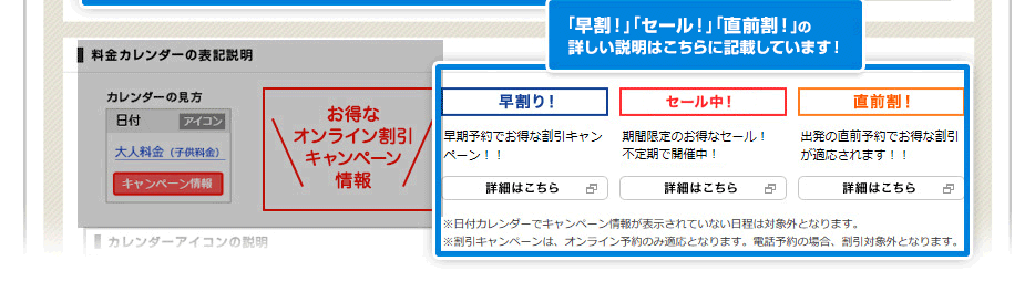 「早割!」「セール!」「直前割!」の詳しい説明はこちらに記載しています!