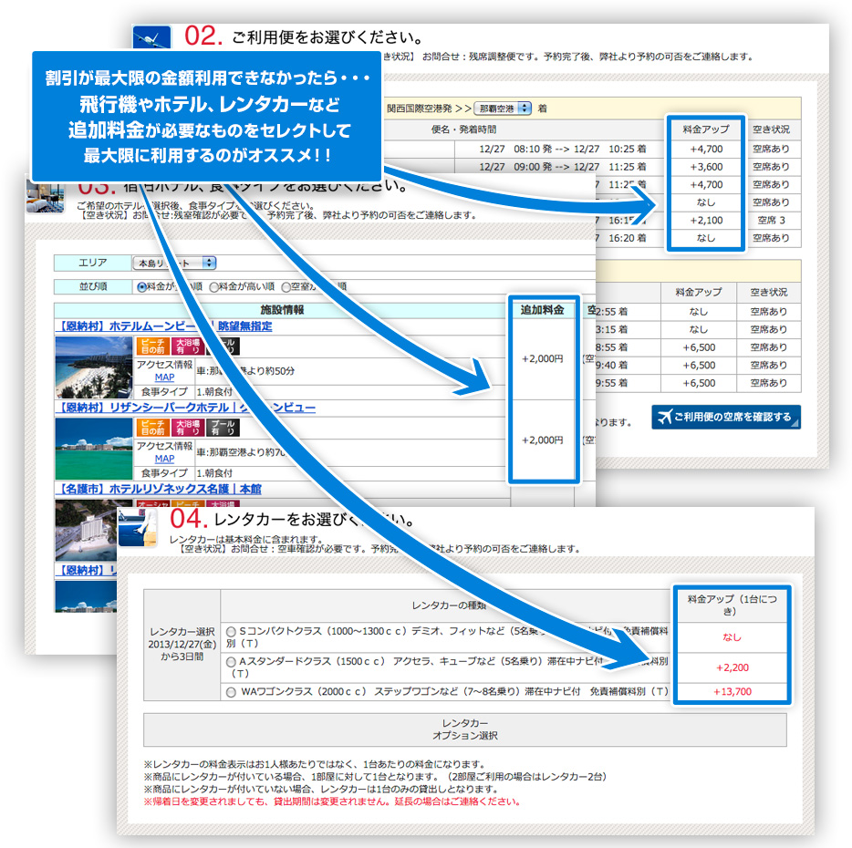 割引が最大限の金額利用できなかったら・・・飛行機やホテル、レンタカーなど追加料金が必要なものをセレクトして最大限に利用するのがオススメ!!